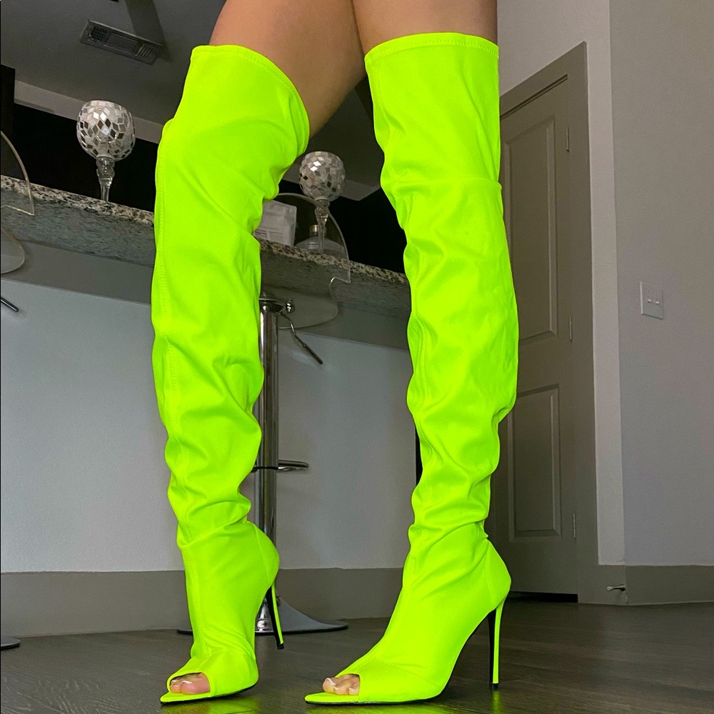 **SOLD** Neon Green Yellow Thigh High Stiletto Peep Toe Boots